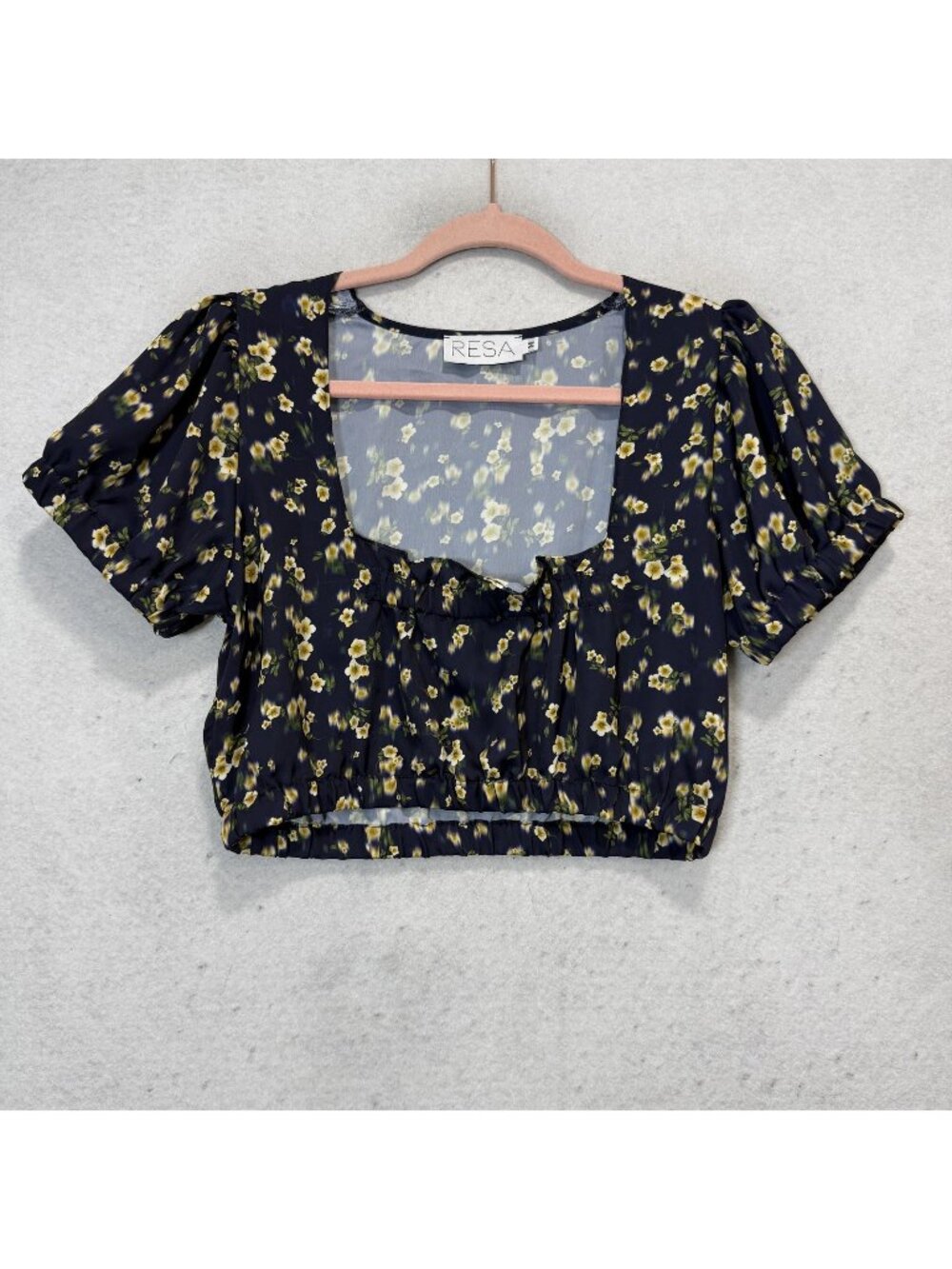 RESA Blouse Womens Medium Blue Floral Square Neck Puff Sleeve Cropped Top